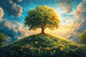 vibrant earth illustration celebrating arbor day highlighting lush greenery and flourishing trees radiating positivity and environmental awareness under a bright blue sky