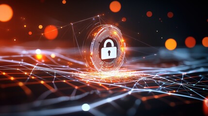 Poster - Digital lock icon over a glowing network grid, symbolizing cyber security and data protection for online financial transactions