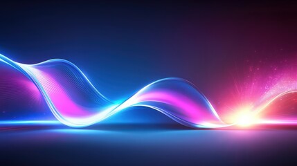 Poster - Dynamic neon blue and pink wave lines forming a radiant abstract pattern, complemented by a soft gradient glow on a dark futuristic background