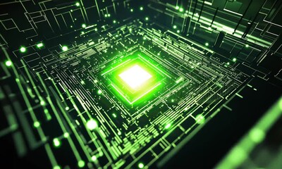 Poster - Abstract Futuristic Technology Circuit Board Glowing Green Lines Digital Network  Cyberpunk  Innovation