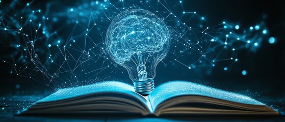 Poster - Concept of AI and machine learning, light bulb and digital brain on an open book, showcasing advanced technology