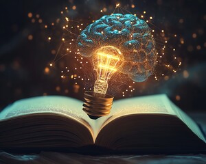 Poster - Digital brain and light bulb symbols representing artificial intelligence on an open book, symbolizing innovation