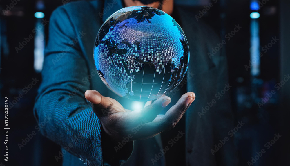 Un Globe Terrestre Virtuel Qui Apparait Dans La Main D un Homme De 