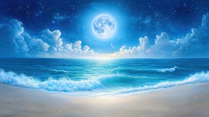 Poster - The serene moonlit ocean with soft waves gently lapping against the shore, bathed in silvery light under a starry sky