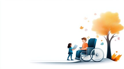 Poster - Vector art showing inclusive education for students with disabilities, featuring adaptive learning devices, on white background.