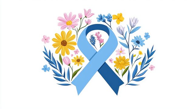 Vector design showing a mental health ribbon with supportive hands and blooming plants, symbolizing growth, on white background.
