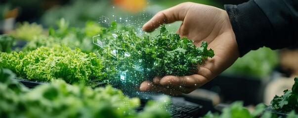 Poster - Future farming technology, hand holding plants with graphical elements representing IoT, AI, and 5G for agriculture