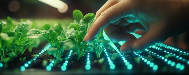 Poster - IoT and AI technology in smart farming, hand nurturing young plants with digital overlays of crop analysis and 5G signals