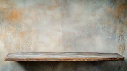 A close-up of a vintage shelf with a distressed surface, set in a simple, uncluttered room with muted lighting