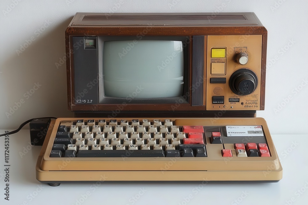 vintage personal computer with keyboard from the 1980s isolated against ...
