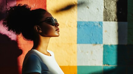 Young african female with sunglasses against colorful geometric wall