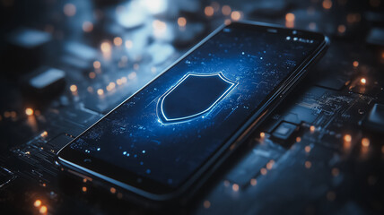 Poster - Cybersecurity Shield: Smartphone Protection. A futuristic image showcasing a smartphone screen displaying a glowing shield icon.