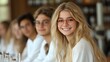 © Ririn - Smiling girl student in lab with classmates.