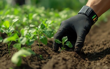 Leinwandbilder - Smart agriculture technology, hand planting young crops with IoT sensors and AI data for crop management