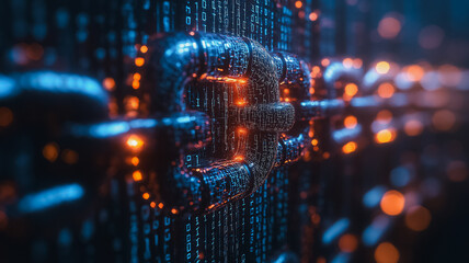 Poster - Cybersecurity Chain:  A close-up shot of a glowing, metallic chain link embedded in a digital code background, symbolizing robust data protection and impenetrable security.  