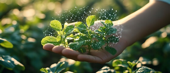 Poster - Smart farming concept, hand holding young plants with graphic overlays of modern agricultural technology and IoT