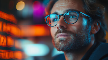 Poster - Analyst in the Glow: A man wearing glasses gazes intently at a screen with a focused expression, illuminated by the vibrant glow of data and information. The scene exudes a sense of anticipation.