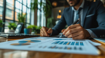 Poster - Businessman Analyzing Data:  A focused businessman meticulously analyzes financial data, his pen poised above a spread of charts and graphs, signifying a commitment to strategic decision-making. 