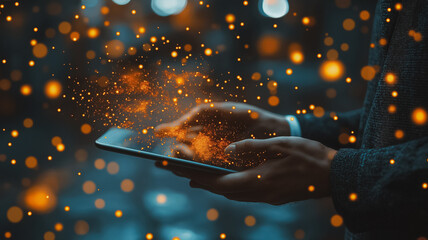 Poster - Digital Magic:  A person's hands hover over a tablet, sparks of light emanating, symbolizing innovation and digital transformation in a captivating, cinematic scene. 