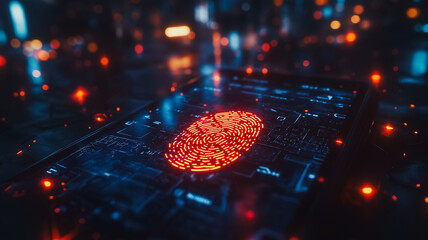 Poster - Cybersecurity: A glowing red fingerprint on a circuit board with a futuristic aesthetic, symbolizing the critical role of biometric security in safeguarding digital assets. 