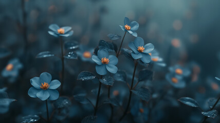 Poster - Enchanted Blue Flowers in Misty Garden 