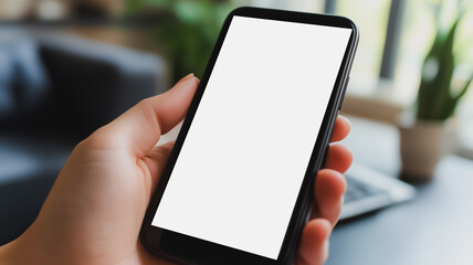Wall Mural - hand holding smartphone mockup: a hand holds a black smartphone with a blank white screen, set again
