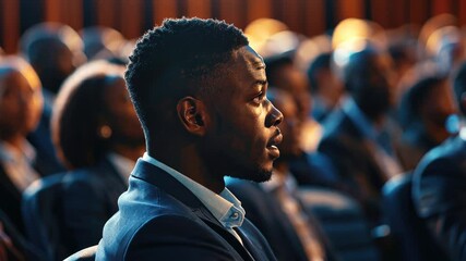 Wall Mural - Man in a suit is sitting in a crowd of people. The man is looking at the camera with a serious expression. Concept of formality and seriousness, as the man is dressed in a suit