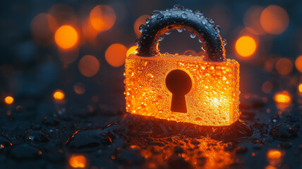 Poster - Cybersecurity: Glowing Padlock in the Rain 