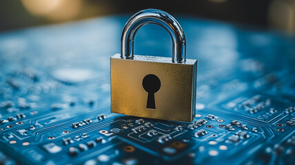 Poster - Cybersecurity: A close-up shot of a shiny padlock resting on a circuit board, symbolizing digital protection and security.  