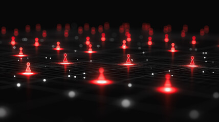 Poster - Digital Network:  A mesmerizing abstract illustration of a network of glowing red figures connected by lines of light.  This dynamic image conveys concepts of connection, technology.