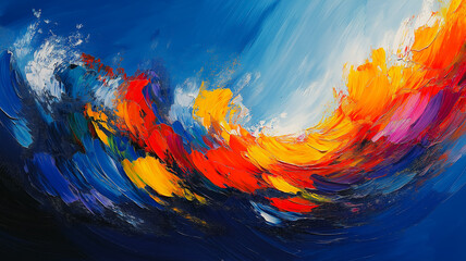 Aufkleber - Abstract Ocean Wave Painting: Vivid hues of blue, red, orange, and yellow create a dynamic, swirling abstract painting reminiscent of an ocean wave. The impasto technique adds texture and depth. 