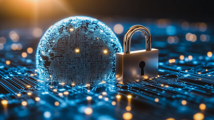 Poster - Global Cyber Security: A digital globe rests securely under a padlock on a circuit board, symbolizing the protection of global data and online security.  