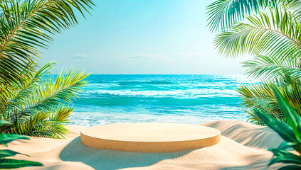  Tropical Beach Scene with Sandy Platform and Palm Trees for Product Display