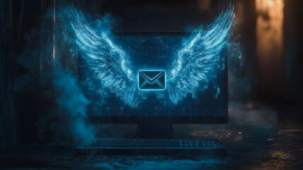 Poster - Blazing Wings of Communication: A digital message takes flight, enveloped in ethereal, icy blue flames, symbolizing the rapid and powerful transmission of information in the digital age. 