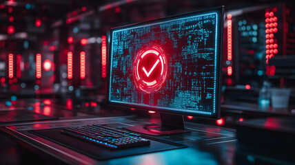 Poster - Cybersecurity Success: A glowing checkmark on a computer screen in a server room signifies successful system security.  The vibrant red and blue lighting creates a futuristic atmosphere. 