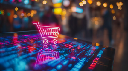 Poster - Neon Shopping Cart on Digital Display 