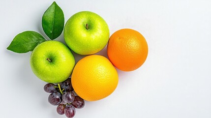 Wall Mural - A photostock of a collection of assorted fresh fruits, including apples, grapes, and oranges, displayed vibrantly on a clean white background. High Quality