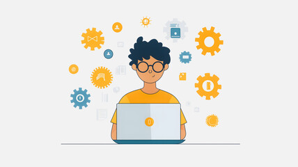 Poster - Coding Genius: A young programmer, focused and determined, sits at a laptop surrounded by gears representing the intricate workings of technology.