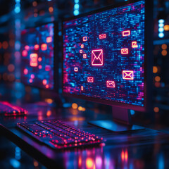 Poster - Digital Mailbox: A close-up shot of a computer monitor displaying a digital stream of email icons, symbolizing the constant flow of communication and information in the modern world.  