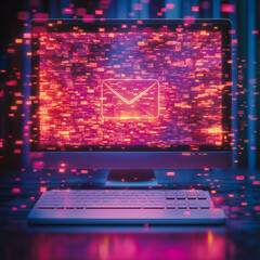 Poster - Digital deluge: Overflowing inbox concept. Email overload on computer screen, digital data stream, glowing message icon