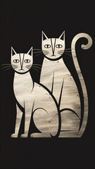 Conceptual illustration of two cats, simplistic design with abstract shapes on black background
