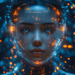 Poster - Cybernetic Woman: Digital art portrait of a futuristic woman with glowing circuit lines on her face, set against a dark, abstract background.