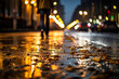 © pixelinlove - urban noir scene is created by reflection of streetlights on wet pavement giving a moody and cinematic quality to rainy street at night