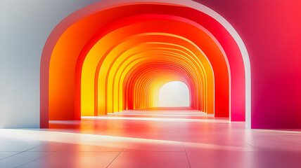 Poster - Vibrant Archway to the Future: A captivating digital rendering of a corridor lined with luminous arches, transitioning from cool whites to fiery oranges and deep pinks.