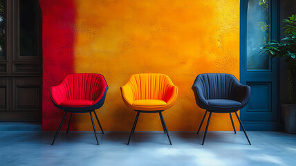 Poster - Vibrant Upholstery: Three modern chairs in a vibrant color palette of red, yellow and blue, set against a colorful backdrop of a textured wall. The chairs are arranged in a row.