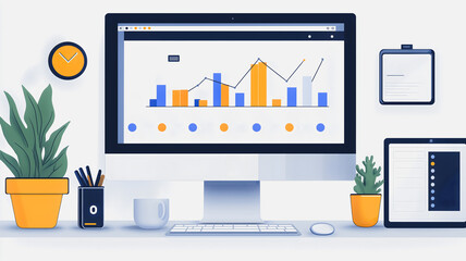 Poster - Desktop Growth:  A clean and modern illustration of a desktop computer displaying a graph with upward trending data, symbolizing progress and success in business.