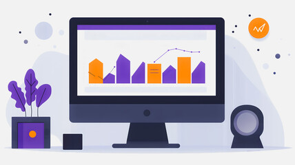 Poster - Growth and Progress: A flat design illustration showcasing a desktop computer displaying a graph with rising numbers, symbolizing growth and progress. The image is perfect for marketing, business.