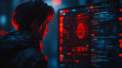 Poster - Cyberpunk Hacker: A solitary figure, immersed in a world of digital code and neon lights, intently monitors a complex network of data on a glowing screen.