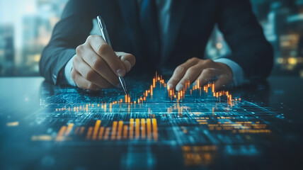 Poster - Strategic Planning: A businessman meticulously analyzing intricate data and charting a course for success, showcasing the power of digital technology in modern business. 
