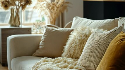 Wall Mural - Cozy living room with a white couch and a white blanket draped over it. The couch is adorned with several pillows, including a brown and white one. The room has a warm and inviting atmosphere